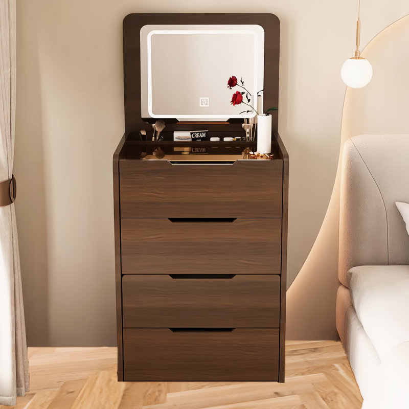 Bureau de meuble-lavabo pratique en noyer avec espace de rangement et tabouret confortable au design compact et moderne
