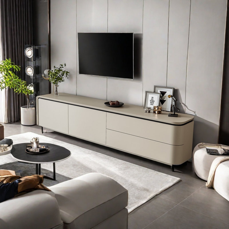 Meuble télé ouvert avec grand rangement, Beige, 86.61"