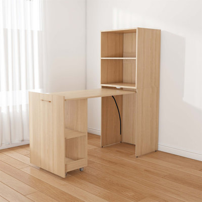 Stretchable and Foldable Desk with Storage Shelves and Mobile Wheels, Ideal for Small Spaces and Home Offices, Burlywood