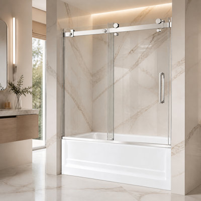 Porte de douche à porte coulissante simple sans cadre de 56 à 60 po x H 60 po avec verre trempé transparent de 8 mm en nickel brossé