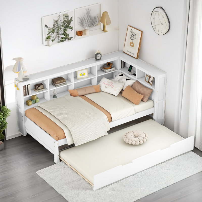 Hanin Wood Daybed with Trundle, Storage Shelves and Charging Station, Twin, White
