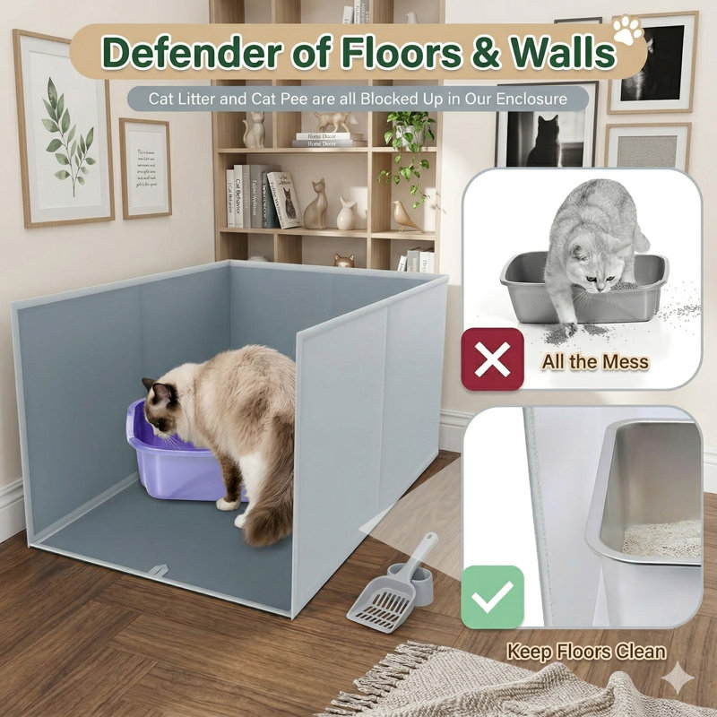 Enceinte pliable pour litière pour chat, 24 L x 17 l x H 16 po, protection anti-éclaboussures tout-en-un pour grand bac à litière, écran haut avec tapis amovible, facile à nettoyer et sans odeur
