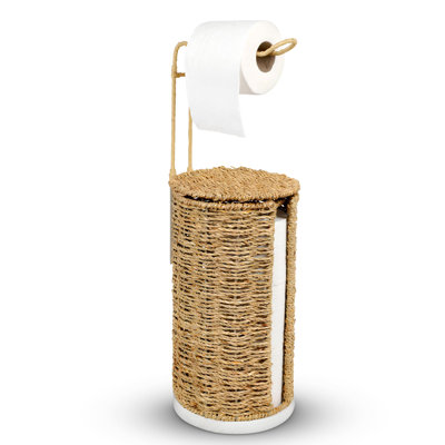 Porte-papier hygiénique sur pied en osier avec couvercle, 3 rouleaux de rangement pour papier hygiénique, support de papier hygiénique en rotin tissé à la main, porte-papier hygiénique décoratif Boho