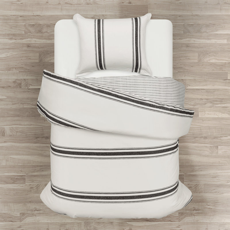 Farmhouse Stripe Black and Cream Cotton Twin XL Duvet Cover Set