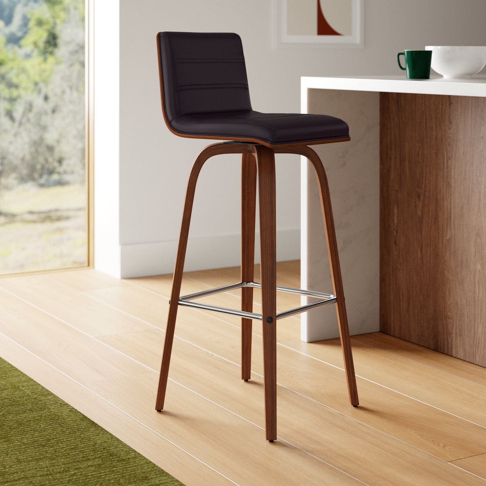 Biance Swivel Bar Stool, Brown Faux Leather, Bar Stool (30" Seat Height), Walnut