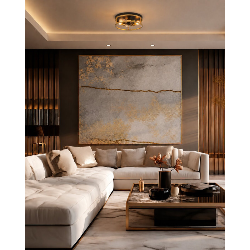 Transitional 3 Light Gold and Black Round Flush Mount, Black/Gold