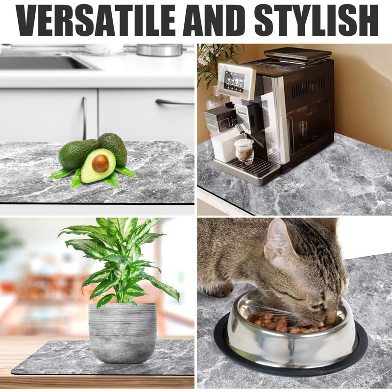 Absorbent Dish Drying Mat with Stylish Marbled Design and Non-Slip Rubber Backing, 15.8" H x 11.8" W x 1.12" D, Marble White