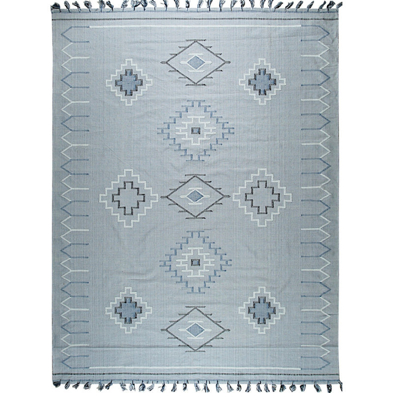 Gray Flat Weave Wool Stepped Diamond Motifs Geometric Modern Contemporary Carpet Rug, 5' x 8'
