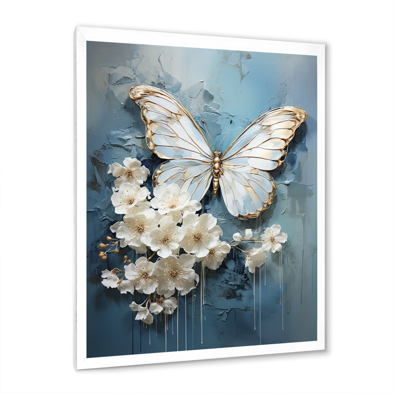 «Butterfly Ethereal Blues Form Abstract Elegance I», art mural papillon, H 20 po x l 12 po x P 1 po, Cadre simple blanc
