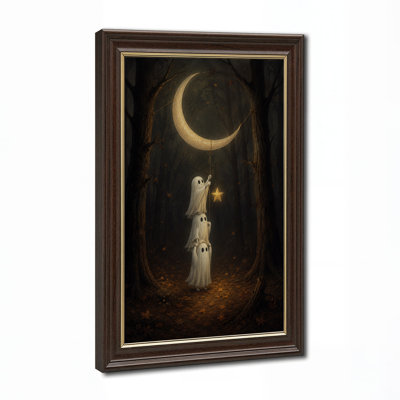 Art mural sur toile, "Trois fantômes blancs tenant un croissant de lune en noir"