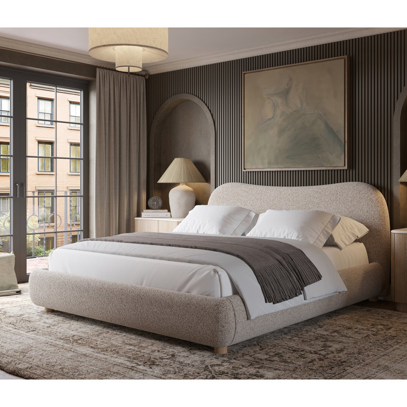 Lit plateforme moderne avec tête de lit courbée et ondulée, tissu performant, Grand, Gris
