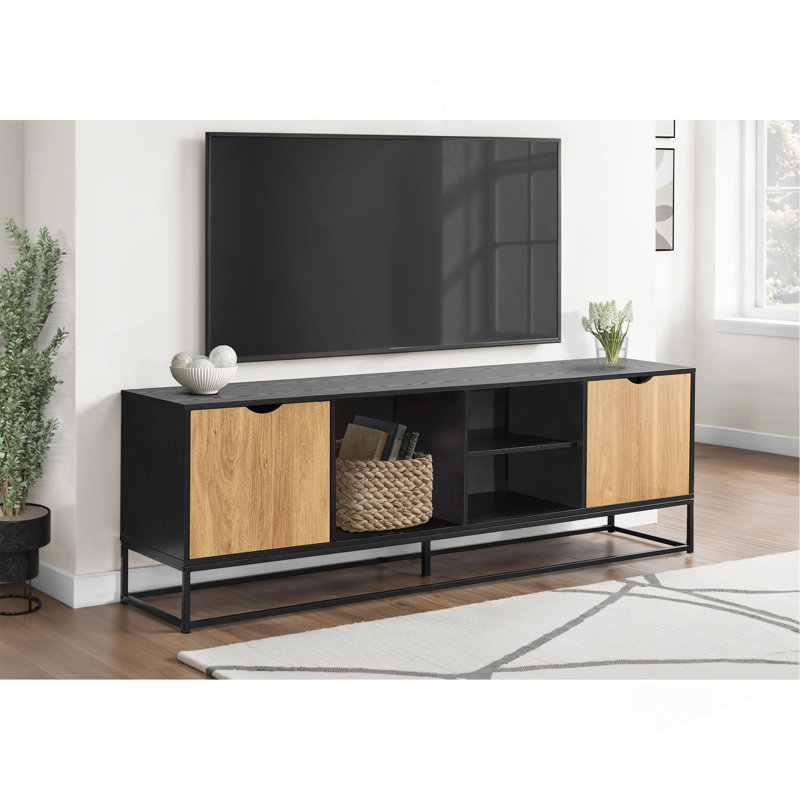Meuble télé, 72 po, console, meuble multimédia, armoire de rangement, stratifié noir, métal noir