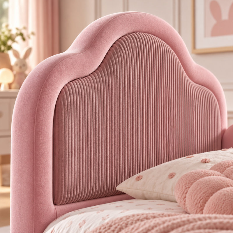 Lit de sol pour enfant AVELOR avec tête de lit courbée, barrières latérales de sécurité et poche de rangement, lit plateforme bas, sans sommier nécessaire