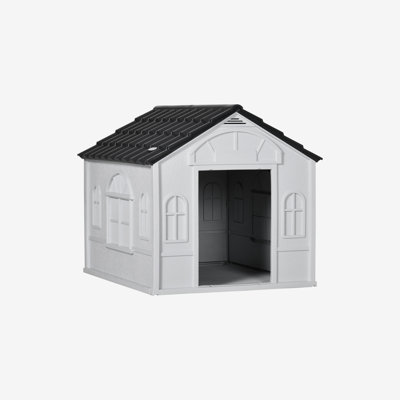 Plastic Dog House, Water Resistant Puppy Shelter Indoor Outdoor with Door, Easy to Assemble, for Medium and Small Dogs, Gray