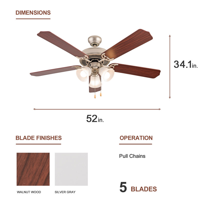 52'' 5 - Blade Dual Ceiling Fan with Pull Chain and Light Kit Included