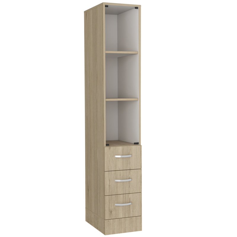 Armoire à linge, trois tablettes, quatre tiroirs, pin clair / blanc