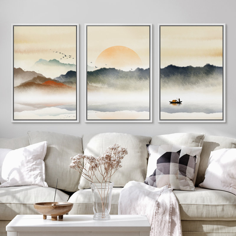 «Abstract Landscape Rising Sun Misty Ocean Mountain», peinture sur toile 3 pièces, H 36 po x l 72 po, Cadre flottant blanc