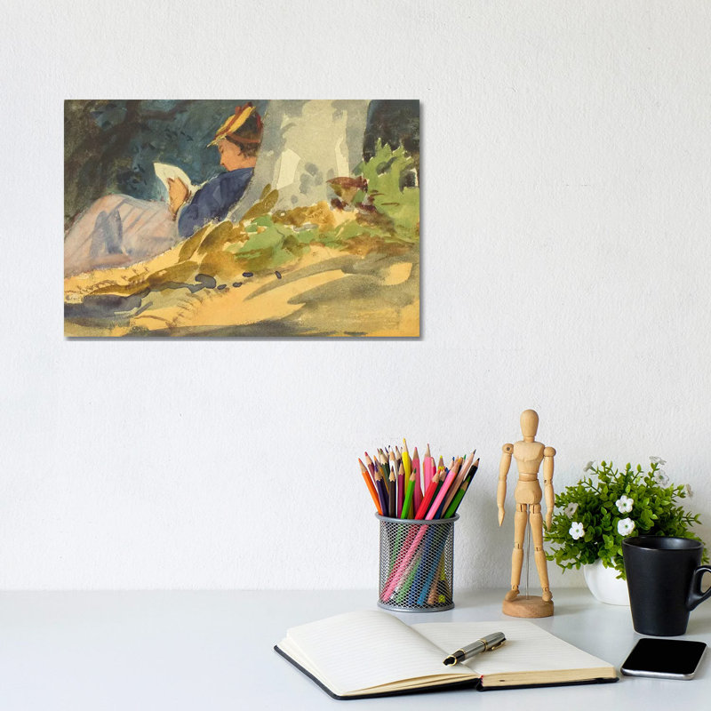 Woman Reading A Book In Nature - Wrapped Canvas Painting, 20.32 cm H x 30.48 cm W