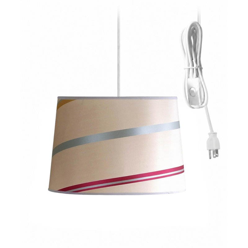 Suspension à brancher 1 lumière, abat-jour cylindrique Juliette rayé en soie brute de 35,5 cm (14 po), cordon blanc de 5,2 m (17 pi)