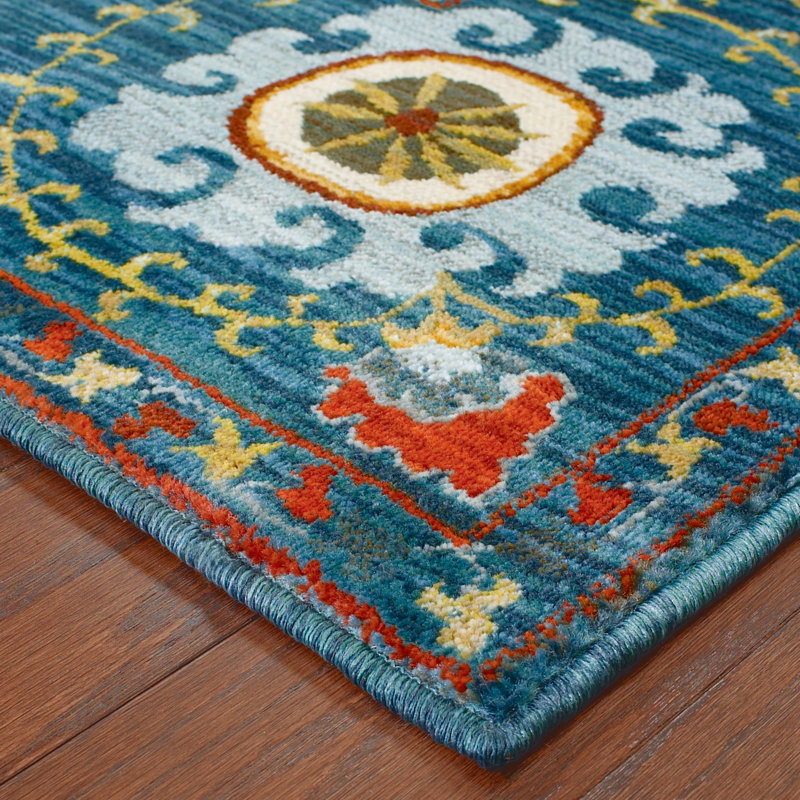 Tapis bleu / rouge tissé à la machine Marceau, Rectangle 9 pi 10 po x 12 pi 10 po