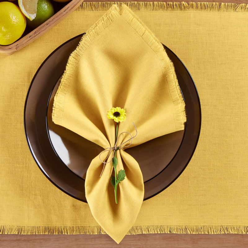 Fringe - 100% Pure Linen Dinner Napkins, Marigold Yellow