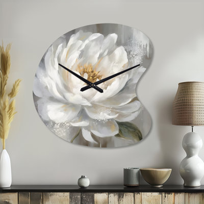 Pivoine blanche, art mural pivoines asymétriques, horloge murale de forme irrégulière