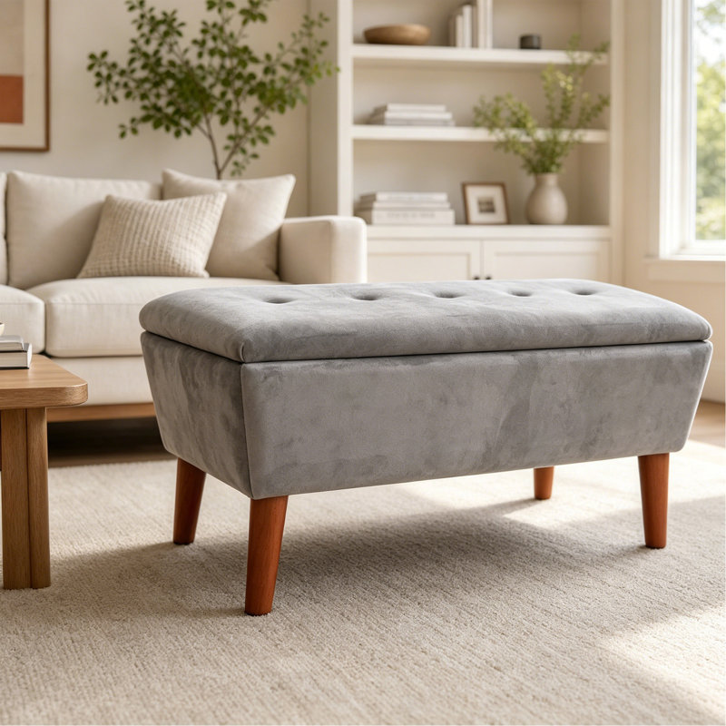 Banc repose-pieds rectangulaire en lin 42 po, tabouret bas moderne avec repose-pieds en bois massif, banc à chaussures multi-usage et banc de bout de lit pour le salon / la chambre à coucher