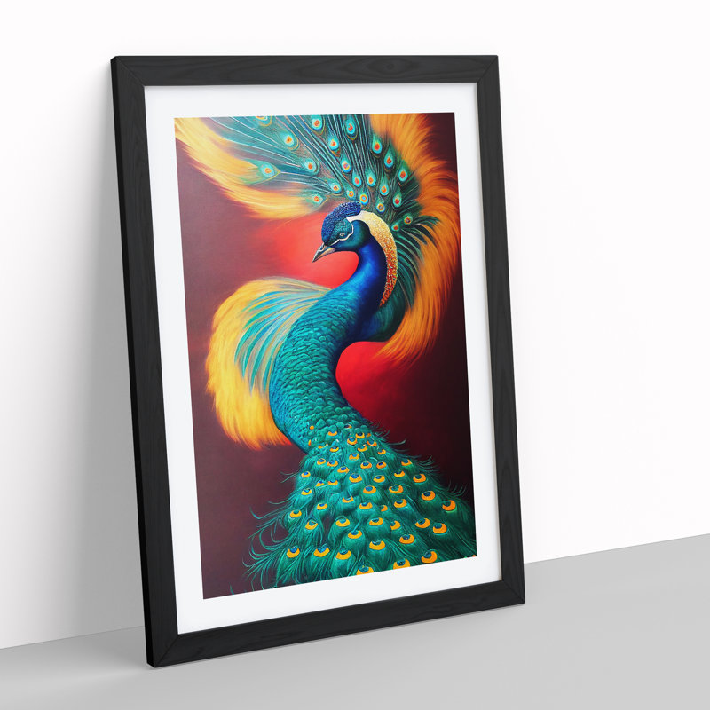 Bold Peacock Art No.2 - Wall Art, Black Framed, 66cm H x 48cm W x 2cm D, White