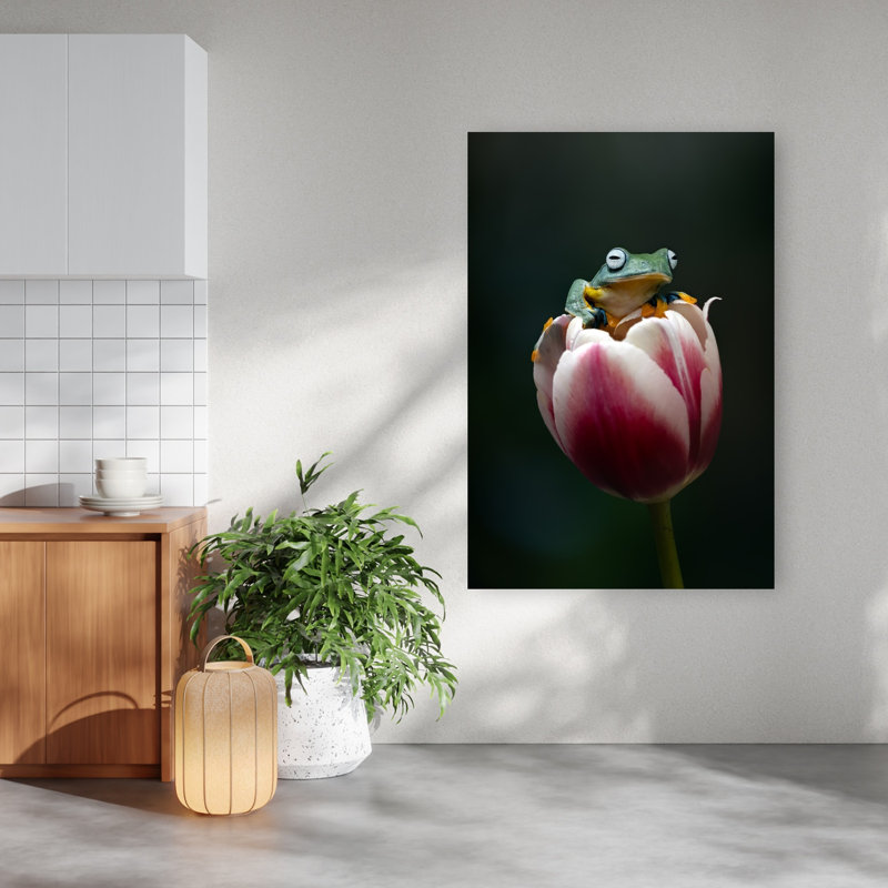 Curious Frog On Tulip Frog Tulip Flower Wall Art Print 1 Piece Wrapped Canvas Wall Art, 152.4cm H x 101.6cm W