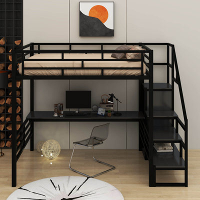 Full Size Metal Loft Bed With Desk And LED Light
