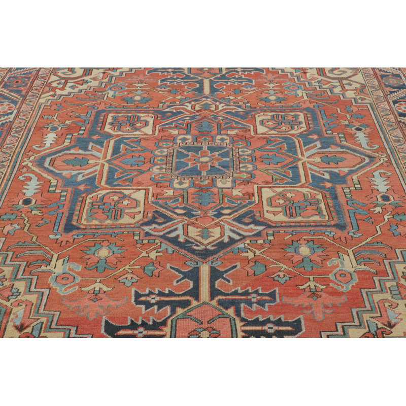 Antique Heriz Rug With Geometric Medallion In Red & Blue - Rug & Kilim