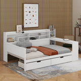 Wooden Full Size Daybed With Storage Shelves, Multi-Functional Bed With 2 Storage Drawers And Study Desk