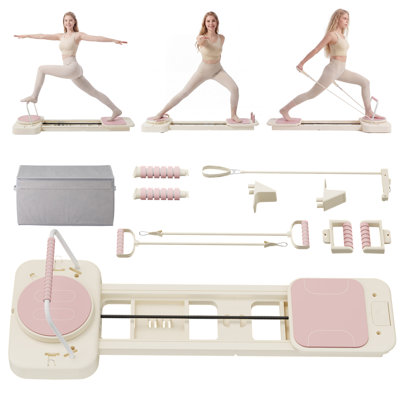 All In One Foldable Pilates Board Set with Storage Box, Easy Assembly Portable Home Fitness Trainer, Pink