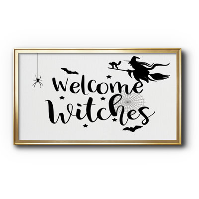 «Welcome Witches Halloween», art mural encadré sur toile - vacances de Noël, ouverture 16 x 32 dans un cadre noir, extérieur 19 x 35
