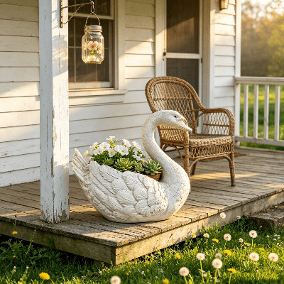 12.6" White Swan Statue Planter, Large Resin Swan Flower Pot Outdoor Garden Sculpture with Detailed Feather Texture for Patio, Lawn, Backyard & Pond Decor