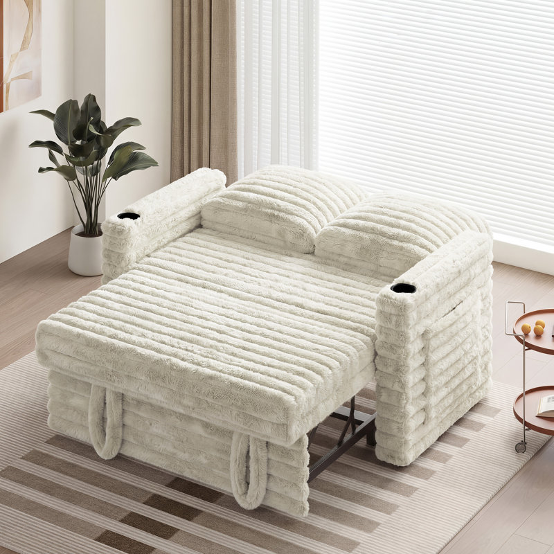 Canapé-lit simple convertible en velours côtelé avec charge USB, Beige