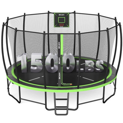 FED Fitness Bcan Series TR2 12/14/16FT Outdoor Trampoline, 1500 lb Static Load, Reinforced Springs, Safety Enclosure Net, Built‑in Basketball Hoop, Ladder for Backyard