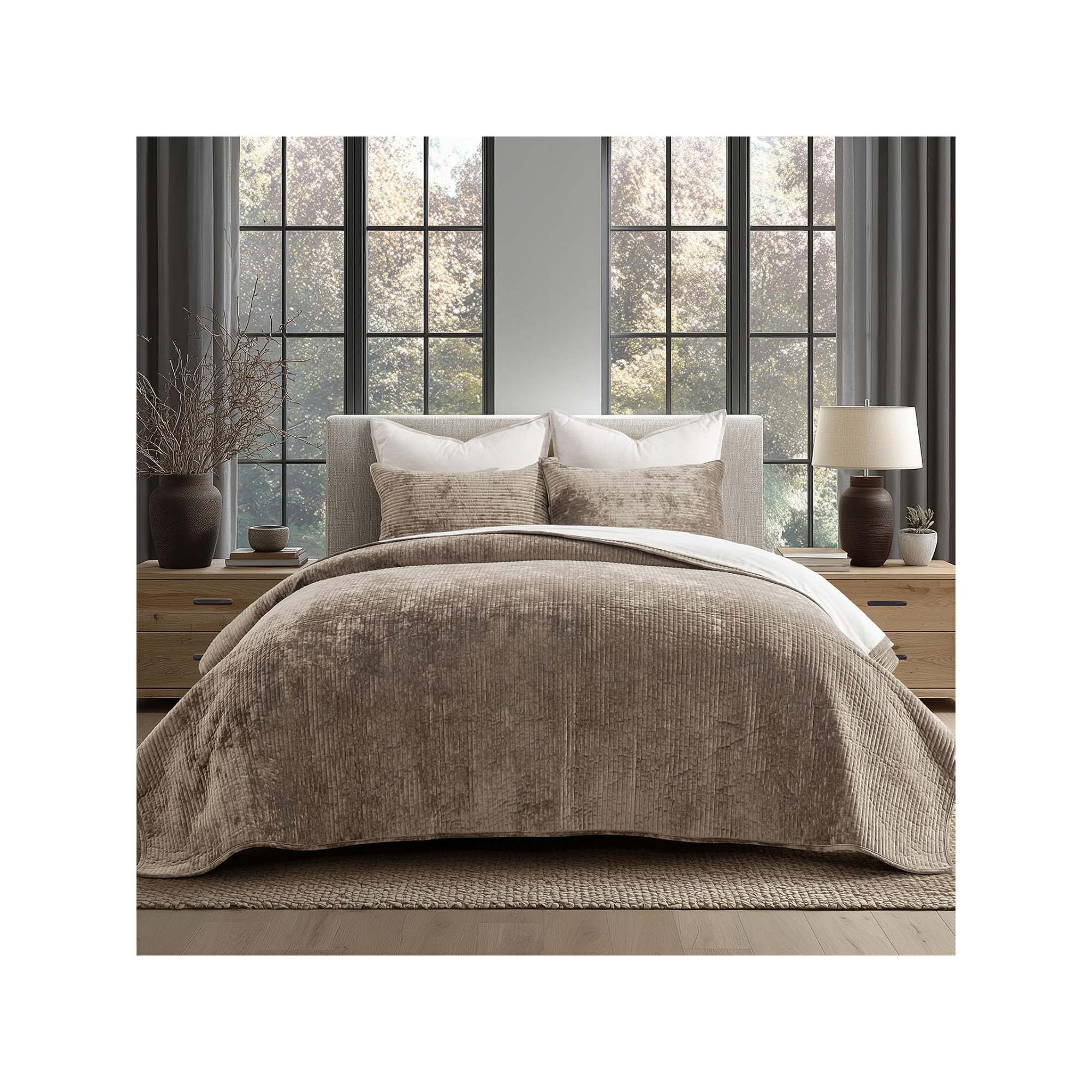 Striped Channel Velvet Quilt Set, Natural Tan, Queen