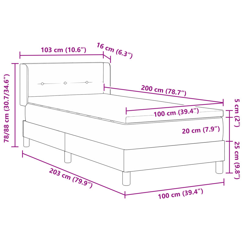 Box Spring Bed With Mattress Fabric, 100 x 200cm, Dark Grey