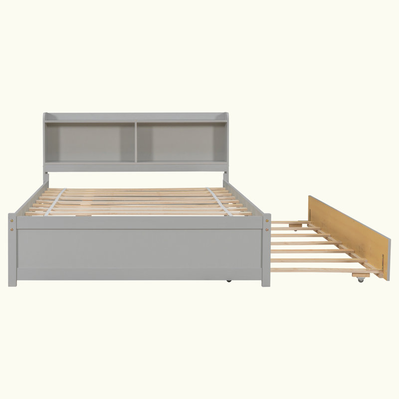 Engeliene Wooden Bed with Trundle,Storage Bed Frame with Bookcase, Full, Gray