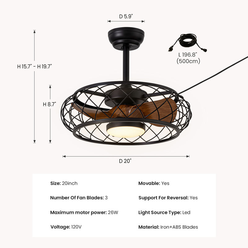 19.7" Outdoor Waterproof Caged Ceiling Fan with Light Kit and Remote Control, Red Wood