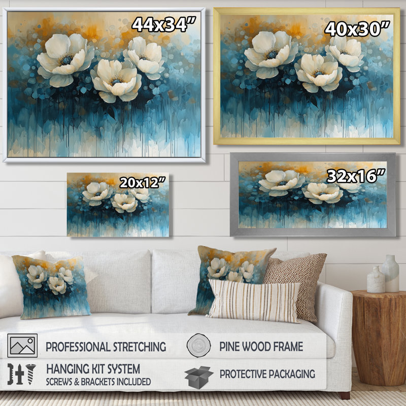 Grandes pivoines blanches et bleues - pivoines, art mural, H 28 po x l 60 po, Cadre flottant brun