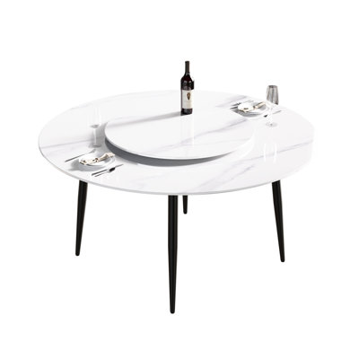 60.75" Round Sintered Stone Dining Table - Accommodates 6 31.5" White Turntable To Chemicals And Corrosion For Modern Style Scratches From Cutlery