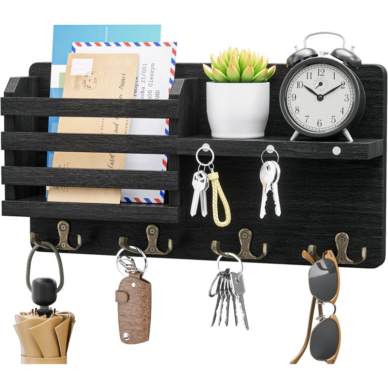 Ramari Wall Organizer with Key Hooks, 7.87cm H x 20.06cm W x 38.1cm D, Black