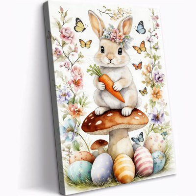 Easter Rabbit with Floral Crown Canvas Wall Art, Spring Bunny Painting Picture Prints, Colorful Eggs Christian Poster, Ready to Hang Canvas Artwork for Home Nursery Bedroom Decor, 12×16 Inches