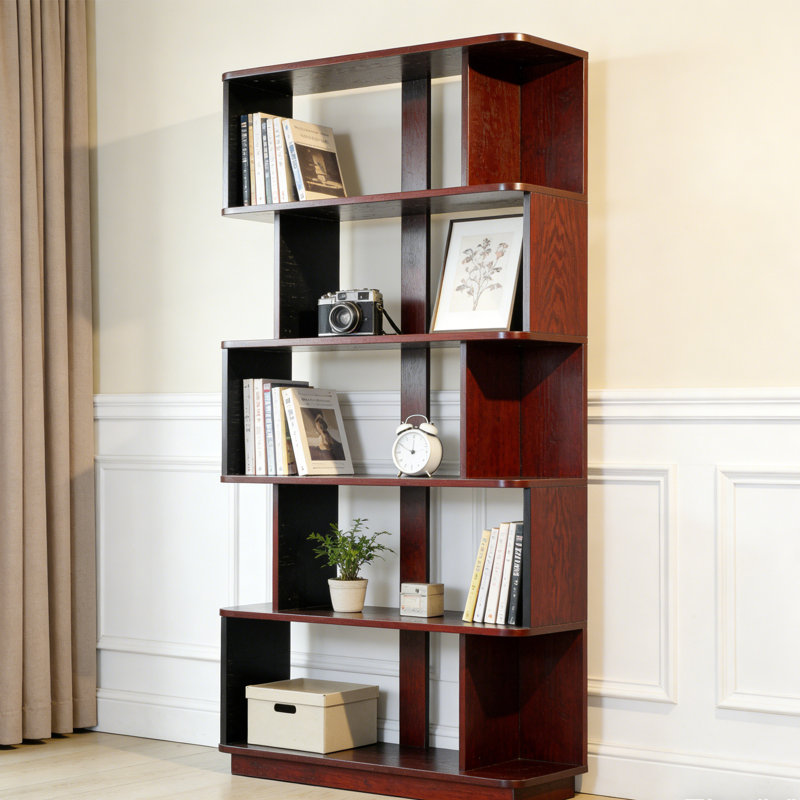 5-Tier Storage Geometric Bookcase,Open Shelf Simple Compartment Display Bookshelf Stand, Ox Blood Red