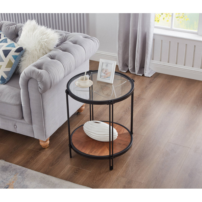 Modern Round End Table with Glass Top, Wood Shelf & Metal Frame for Living Room Bedroom, Black