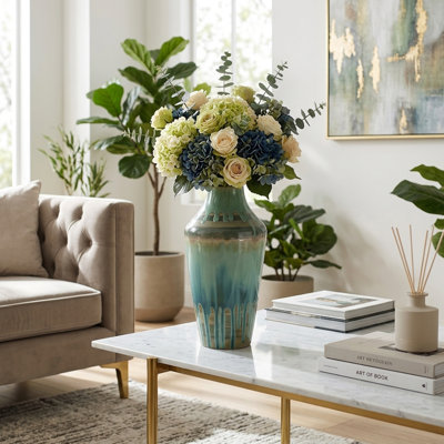 Modern Round Curved Ceramic Tall Flower Vase Accent for Home Tabletop Decor - Sculptural Table Vase for Living Room and Entryway Display - Green & Blue