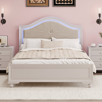 Lit en bois de taille moderne avec tête de lit tapissier incurvée à DEL cachée, aucun sommier tapissier requis