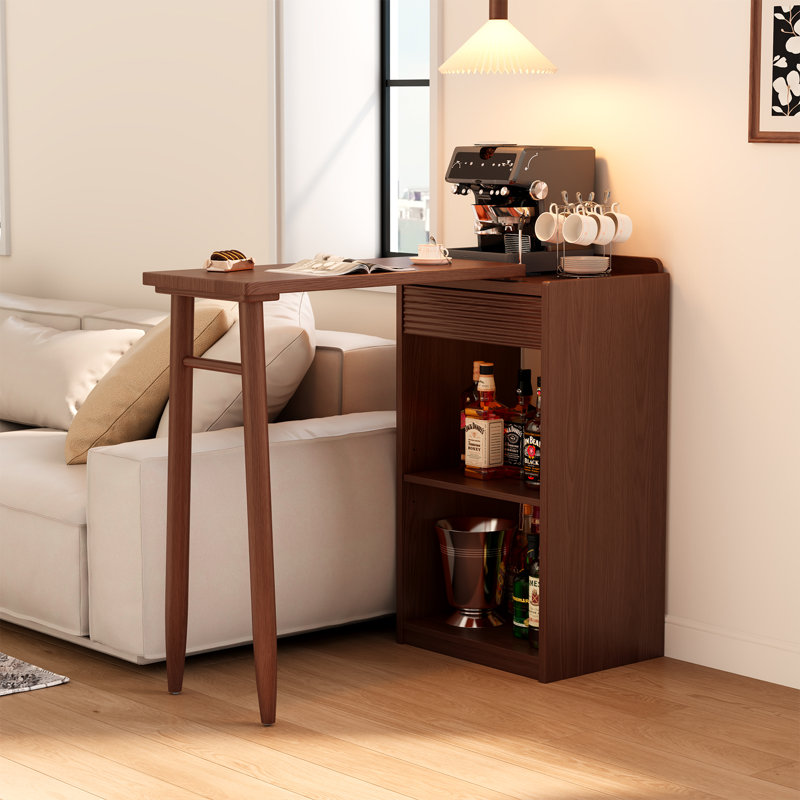 Table de bar en bois massif, plateau de table rotatif extensible avec rangement ouvert.